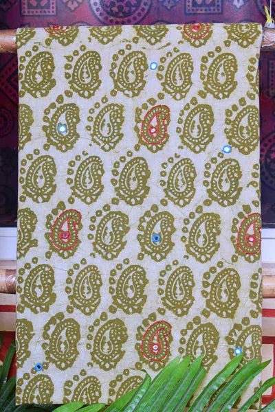 Green Block Print Embroidered Kurti Fabric - SSEthnics