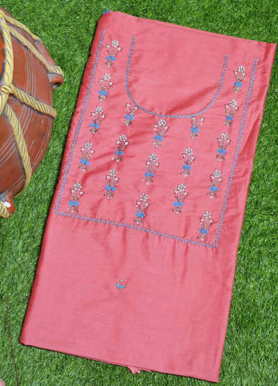 Peach Pink Hand Embroidered Cotton Silk Kurti Fabric - SSEthnics