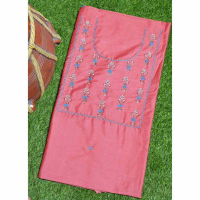 Peach Pink Hand Embroidered Cotton Silk Kurti Fabric - SSEthnics