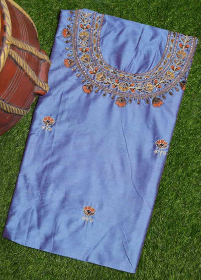 Lavender-Blue Maggam Work Cotton Silk Kurti Fabric - SSEthnics