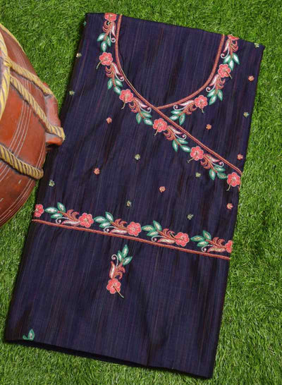 Grey Black Hand Embroidered Cotton Silk Kurti Fabric - SSEthnics