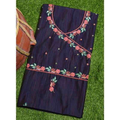 Grey Black Hand Embroidered Cotton Silk Kurti Fabric - SSEthnics