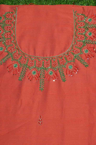 Orange Hand Embroidered Cotton Silk Kurti Fabric - SSEthnics