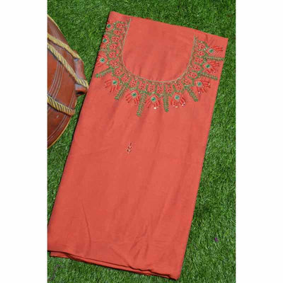 Orange Hand Embroidered Cotton Silk Kurti Fabric - SSEthnics