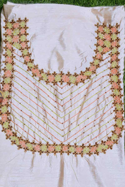 Beige Hand Embroidered Cotton Silk Kurti Fabric - SSEthnics