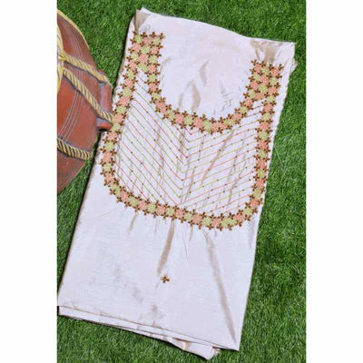 Beige Hand Embroidered Cotton Silk Kurti Fabric - SSEthnics