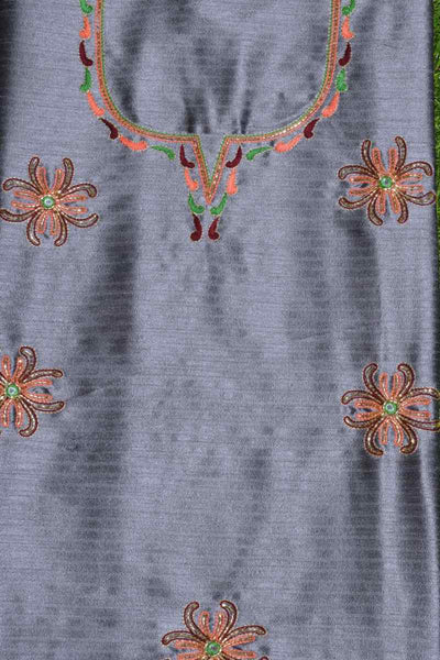 Grey Hand Embroidered Cotton Silk Kurti Fabric - SSEthnics