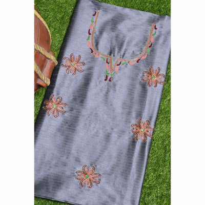 Grey Hand Embroidered Cotton Silk Kurti Fabric - SSEthnics