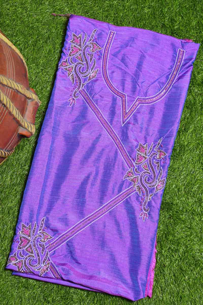 Purple Hand Embroidered Cotton Silk Kurti Fabric - SSEthnics