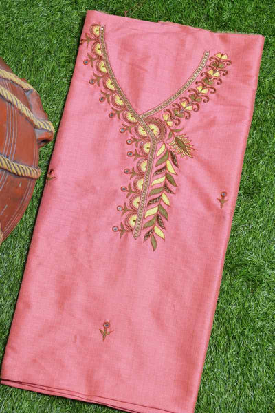 Pink Hand Embroidered Cotton Silk Kurti Fabric - SSEthnics