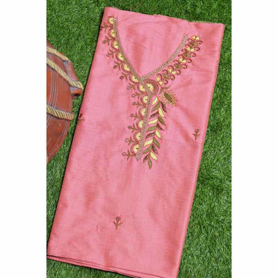 Pink Hand Embroidered Cotton Silk Kurti Fabric - SSEthnics