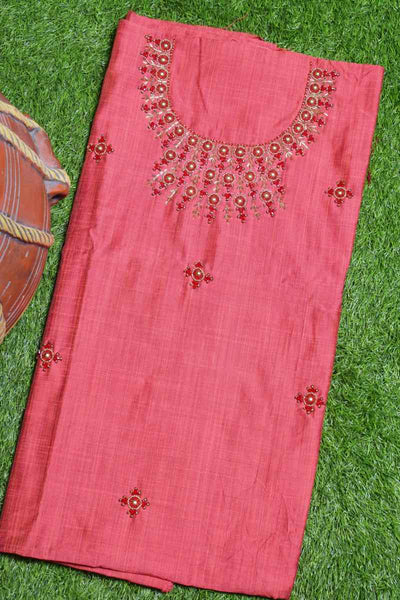 Peach Pink Hand Embroidered Cotton Silk Kurti Fabric - SSEthnics