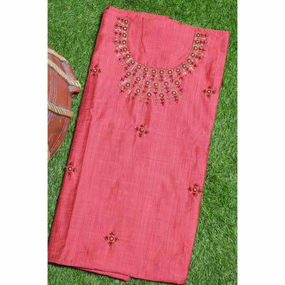 Peach Pink Hand Embroidered Cotton Silk Kurti Fabric - SSEthnics