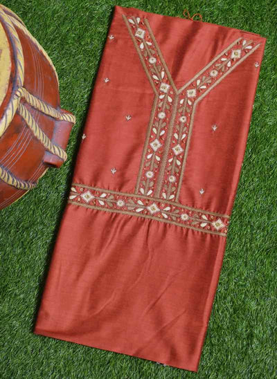 Brown Hand Embroidered Cotton Silk Kurti Fabric - SSEthnics