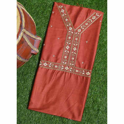 Brown Hand Embroidered Cotton Silk Kurti Fabric - SSEthnics