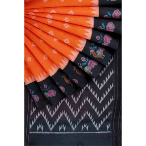 Orange Handloom Ikat Mercerised Cotton Saree - SSEthnics