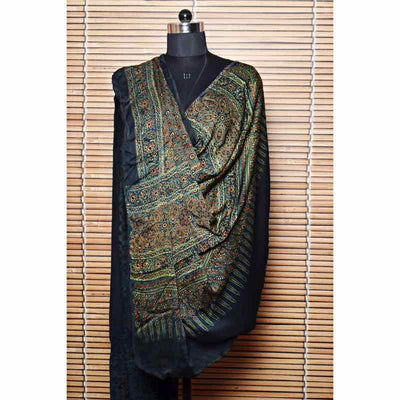 Green Ajrakh Modal Silk Block Print Dupatta - SSEthnics