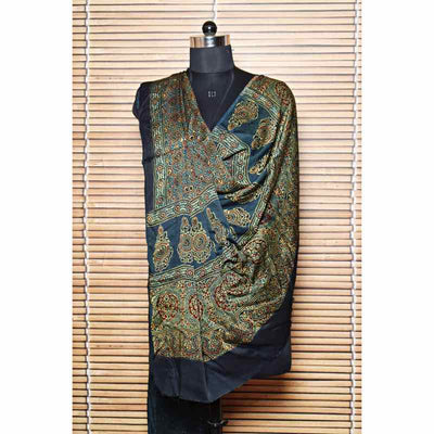 Green Ajrakh Modal Silk Block Print Dupatta - SSEthnics