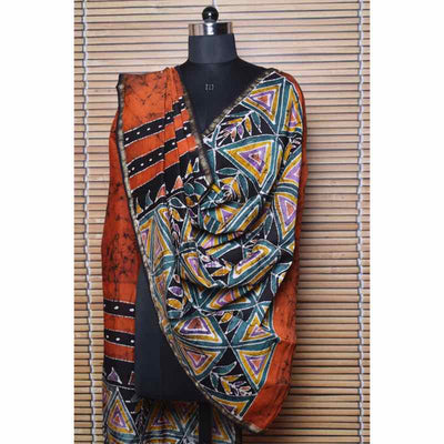 Orange Handloom Maheshwari Silk Batik Dupatta - SSEthnics