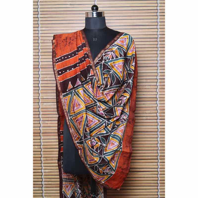Orange Handloom Maheshwari Silk Batik Dupatta - SSEthnics