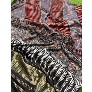 Black Special Ajrakh Modal Silk Tissue Pallu Dupatta - SSEthnics