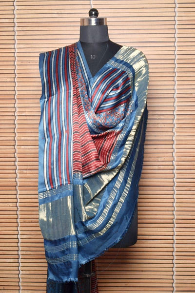 Indigo Special Ajrakh Modal Silk Tissue Pallu Dupatta