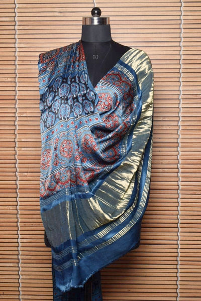Indigo Special Ajrakh Modal Silk Tissue Pallu Dupatta