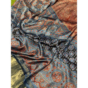 Indigo Special Ajrakh Modal Silk Tissue Pallu Dupatta - SSEthnics