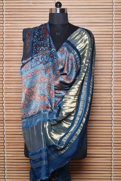 Indigo Special Ajrakh Modal Silk Tissue Pallu Dupatta
