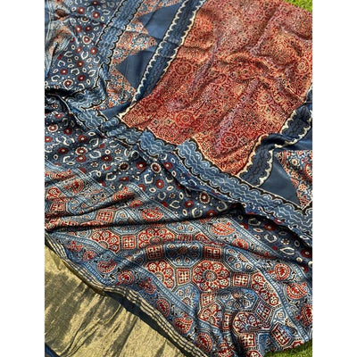 Indigo Special Ajrakh Modal Silk Tissue Pallu Dupatta - SSEthnics