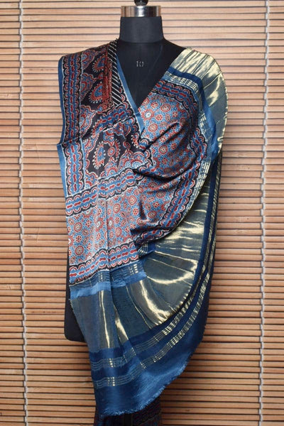 Indigo Special Ajrakh Modal Silk Tissue Pallu Dupatta