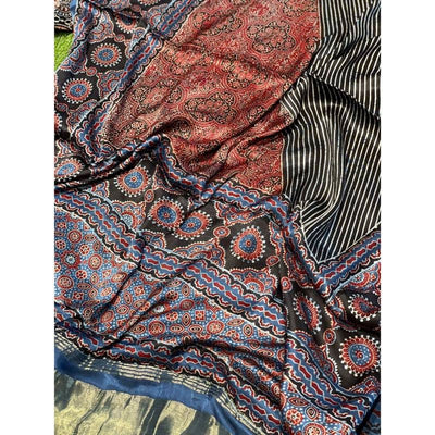 Indigo Special Ajrakh Modal Silk Tissue Pallu Dupatta - SSEthnics