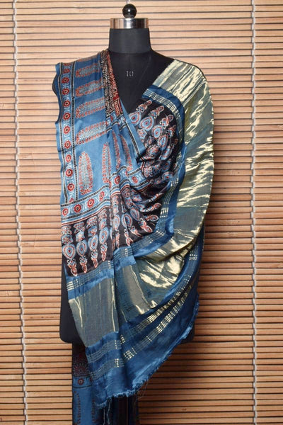 Indigo Special Ajrakh Modal Silk Tissue Pallu Dupatta