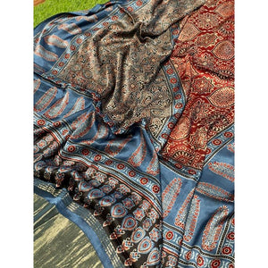 Indigo Special Ajrakh Modal Silk Tissue Pallu Dupatta - SSEthnics