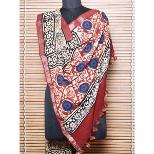 Cream Kalamkari Slub Cotton Dupatta with Zari Border - SSEthnics