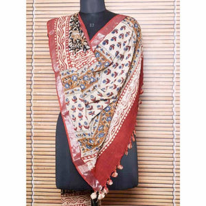 Cream Kalamkari Slub Cotton Dupatta with Zari Border - SSEthnics