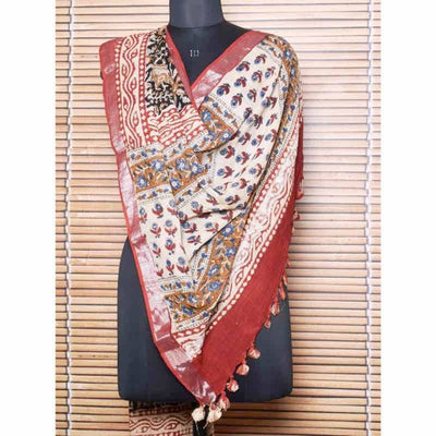 Cream Kalamkari Slub Cotton Dupatta with Zari Border - SSEthnics