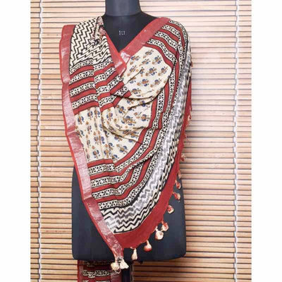 Cream Kalamkari Slub Cotton Dupatta with Zari Border - SSEthnics