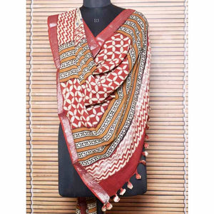 Cream Kalamkari Slub Cotton Dupatta with Zari Border - SSEthnics