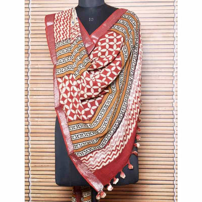 Cream Kalamkari Slub Cotton Dupatta with Zari Border - SSEthnics