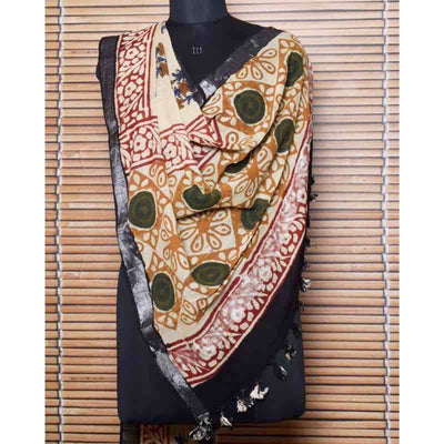 Cream Kalamkari Slub Cotton Dupatta with Zari Border - SSEthnics