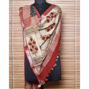 Cream Kalamkari Slub Cotton Dupatta with Zari Border - SSEthnics
