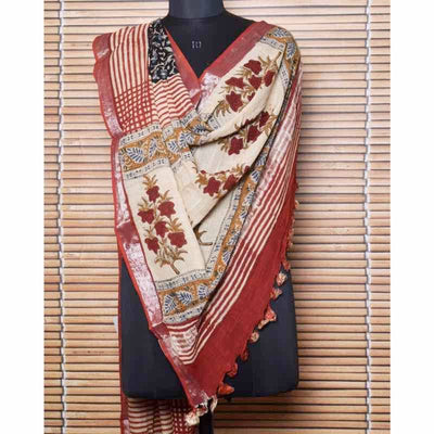 Cream Kalamkari Slub Cotton Dupatta with Zari Border - SSEthnics