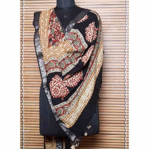 Cream Kalamkari Slub Cotton Dupatta with Zari Border - SSEthnics