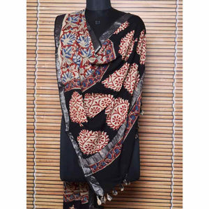 Black Kalamkari Slub Cotton Dupatta with Zari Border - SSEthnics
