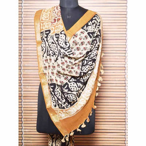 Mustard Kalamkari Slub Cotton Dupatta with Zari Border - SSEthnics
