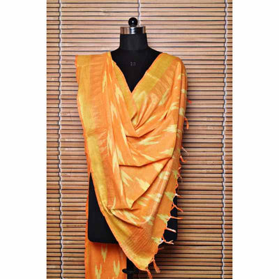 Orange Bhagalpuri Ikat Dupatta with Temple Border - SSEthnics
