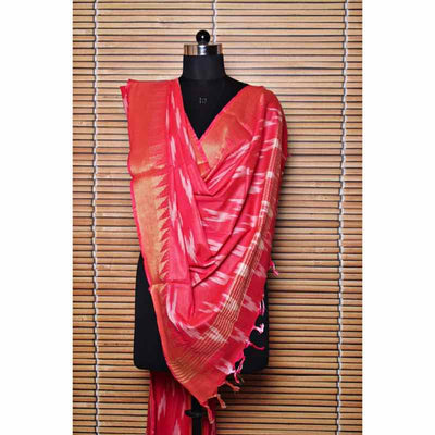 Pink Bhagalpuri Ikat Dupatta with Temple Border - SSEthnics