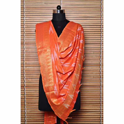 Orange Bhagalpuri Ikat Dupatta with Temple Border - SSEthnics