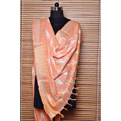 Peach Bhagalpuri Ikat Dupatta with Temple Border - SSEthnics